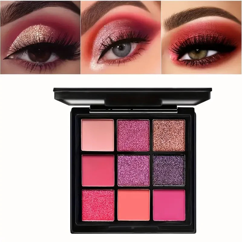 9-Grid Red Eyeshadow Palette – Purple Glitter, Pearlescent Matte & Shimmer Long-Lasting Eye Makeup for Women