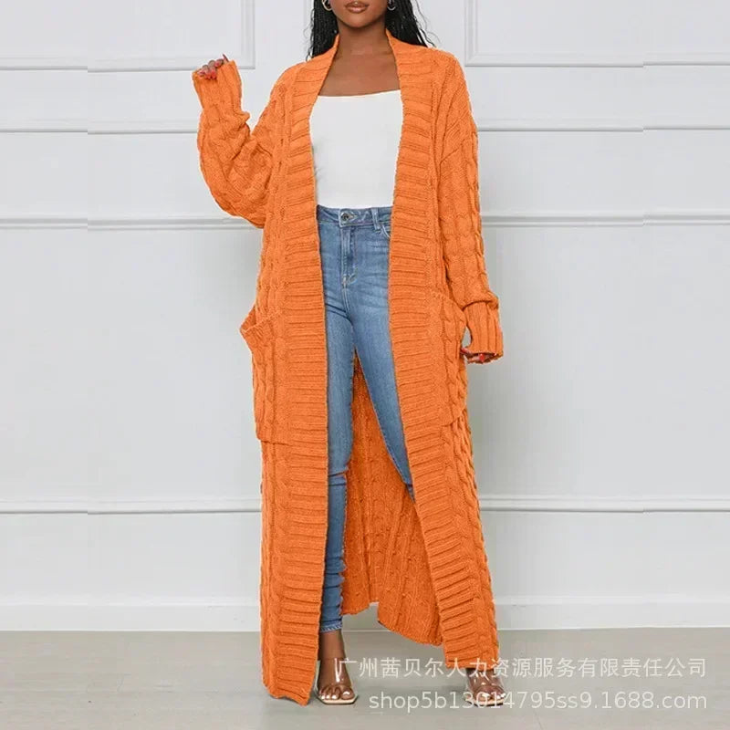 Open Front Cable Knit Longline Cardigan for Women – Long Sleeve, Loose Fit, Casual Fashion Knitwear, Solid Color