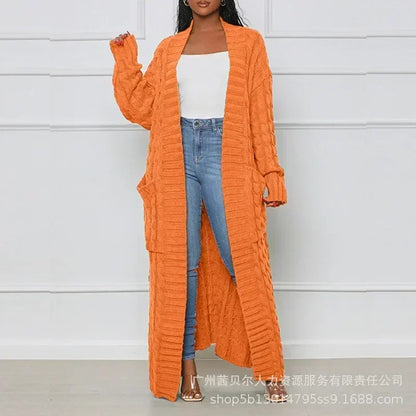 Open Front Cable Knit Longline Cardigan for Women – Long Sleeve, Loose Fit, Casual Fashion Knitwear, Solid Color