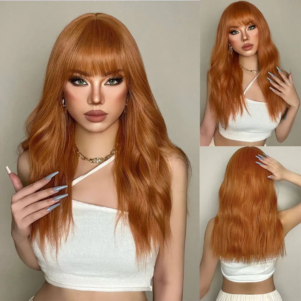 Ombre Honey Brown Long Synthetic Wig with Bangs — Wavy, Realistic, Soft, Heat-Resistant Hair for Daily & Party