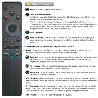 Universal Remote Compatible with Samsung Smart TVs — LCD/LED/UHD/QLED 4K HDR | Dedicated Netflix, Prime Video & Rakuten TV Buttons