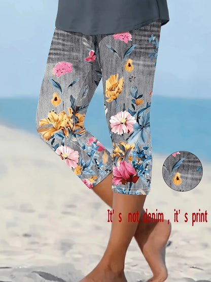 Women's Floral Print Capri Leggings - High-Stretch Faux Denim Slim-Fit Cropped Pants
