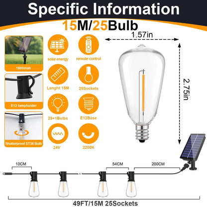 Solar Globe LED String Lights G40 — USB Rechargeable, 8 Modes Remote-Control Patio & Garden Hanging Lights, Weatherproof