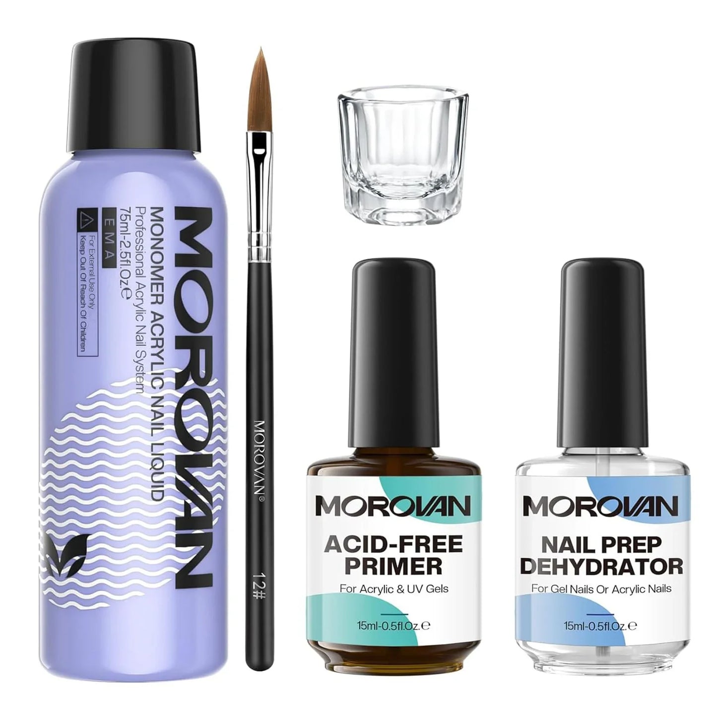 Morovan Monomer Acrylic Nail Liquid Kit — MMA-Free Formula with Nail Dehydrator & Primer for Nail Extensions