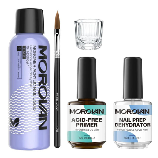 Morovan Monomer Acrylic Nail Liquid Kit — MMA-Free Formula with Nail Dehydrator & Primer for Nail Extensions