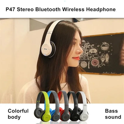 P47 Bluetooth 5.0 Wireless Headphones – Foldable HiFi Stereo Bass Earphones with Mic & USB Adapter, Ideal for Kids & Gaming
