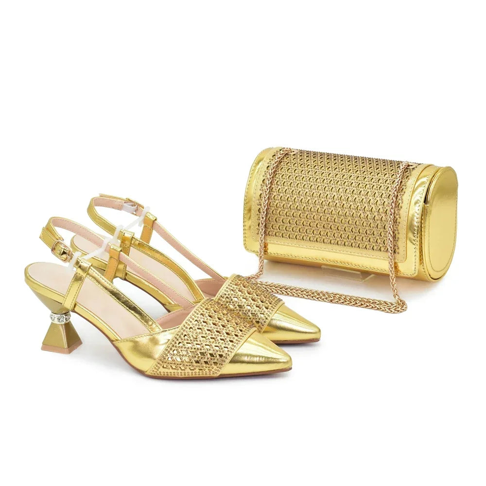 Women's Rhinestone Heeled Shoe & Bag Set - Elegant Nigerian Italian Party Pumps with Matching Bags
