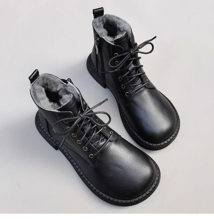 Careaymade 100% Genuine Leather Wide Casual Women’s Short Boots – Big Size, Handmade Men’s Wool Boots