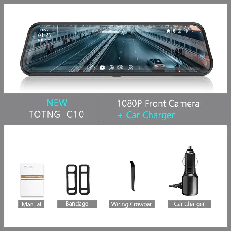 10-Inch Mirror Camera for Car – Touch Screen Video Recorder, Front & Rear Dash Cam, Rearview Mirror DVR Black Box