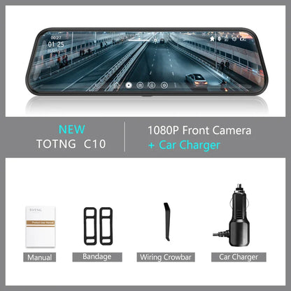 10-Inch Mirror Camera for Car – Touch Screen Video Recorder, Front & Rear Dash Cam, Rearview Mirror DVR Black Box