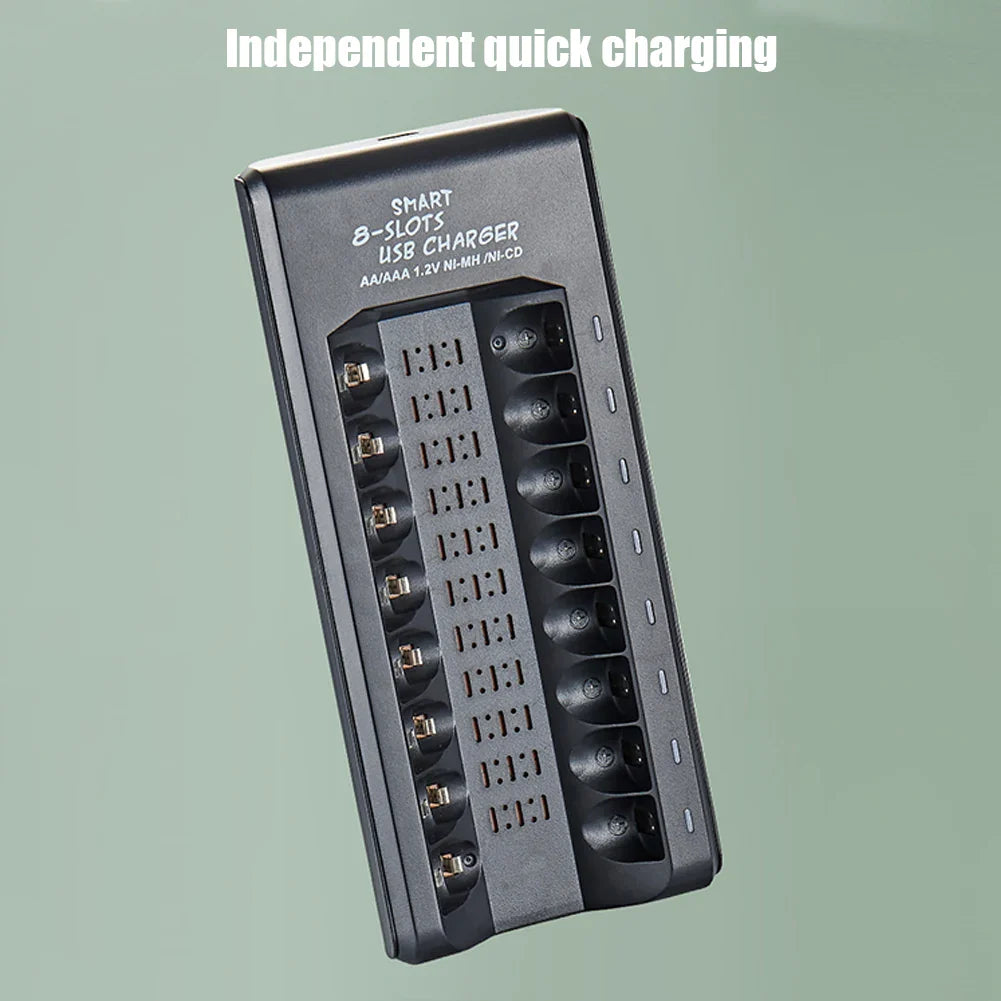 8-Slot Fast USB Rechargeable Battery Charger – AA/AAA NiMH 1.2V with Short Circuit Protection & USB Output