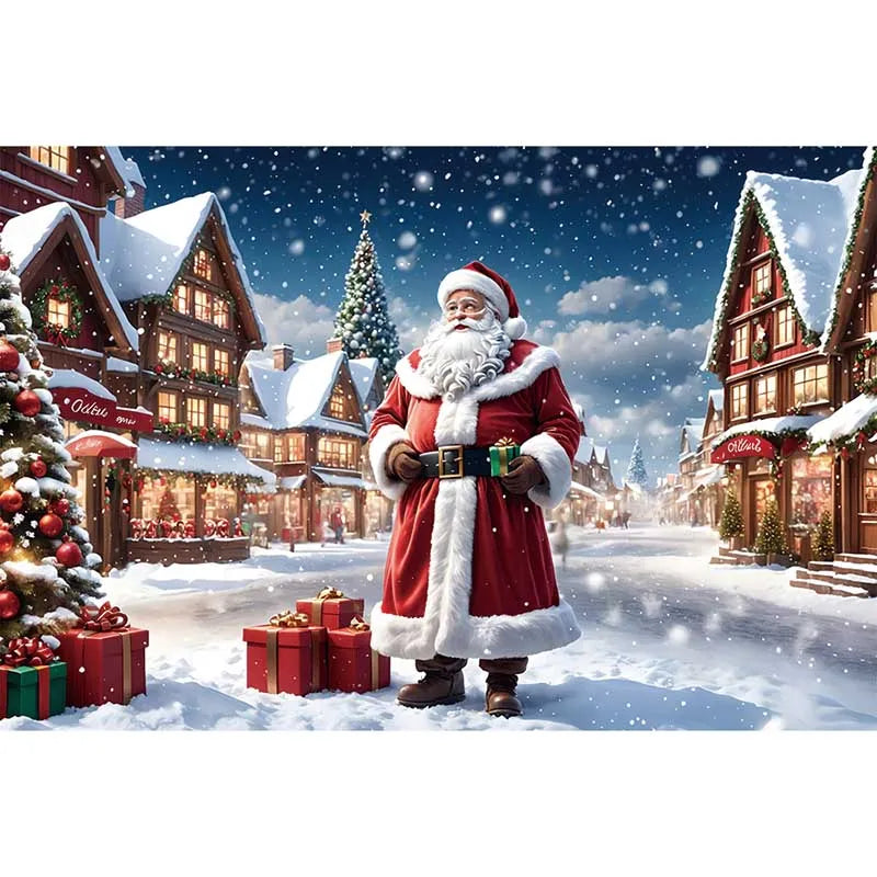 MOON.QG Christmas Santa Claus Village Backdrop – Holiday Photo Studio Background with Trees & Gifts for Home Decoration