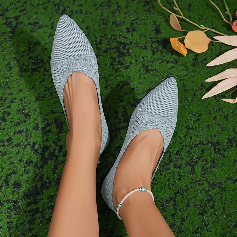 Women’s Pointed Toe Flat Shoes – Solid Color Knitted Slip-On Ballet Loafers, Casual & Breathable Ladies Shoes