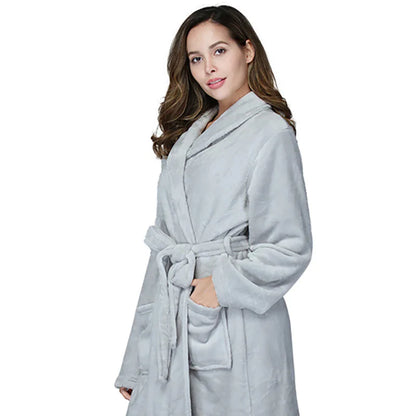 RONGTAI Women's Solid Color Lapel Bathrobe - Warm, Comfortable Long-Sleeved Robe for Autumn and Winter Homewear