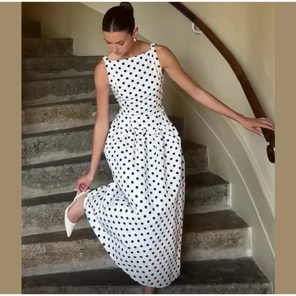 Elegant Women’s Polka Dot Maxi Dress – Chic Sleeveless Round Neck High Waist Slim Fit Vestido for Party & Street, 2025 New