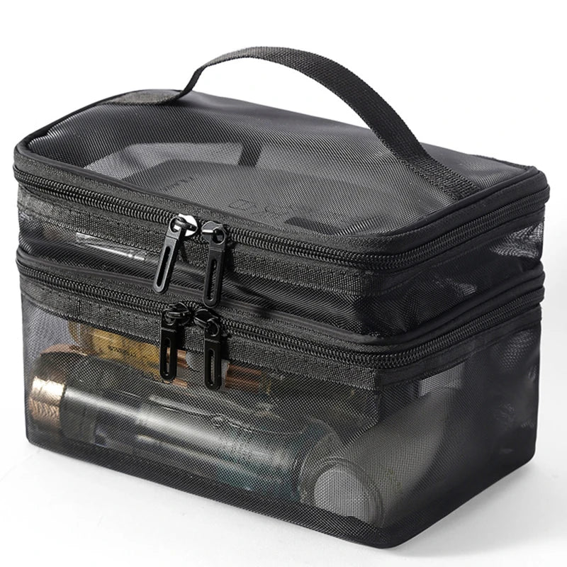 Travel 2-Layer Cosmetic Organizer Bag – Transparent Folding Mesh Zipper Pouch, Large Capacity Makeup & Wash Kit Bag 2024