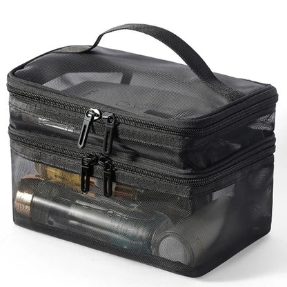 Travel 2-Layer Cosmetic Organizer Bag – Transparent Folding Mesh Zipper Pouch, Large Capacity Makeup & Wash Kit Bag 2024