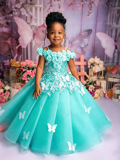 Flower Girl Wedding Dress - Pink Applique Butterfly & Pearl Party Gown