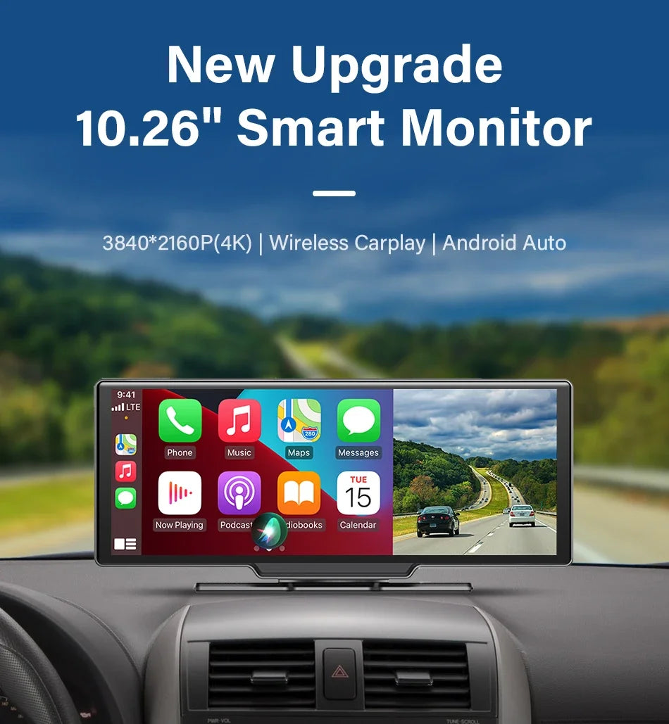 10.26'' 4K Dash Cam Car Mirror Video Player - Wireless CarPlay, Android Auto, GPS, and Rearview Camera Monitor