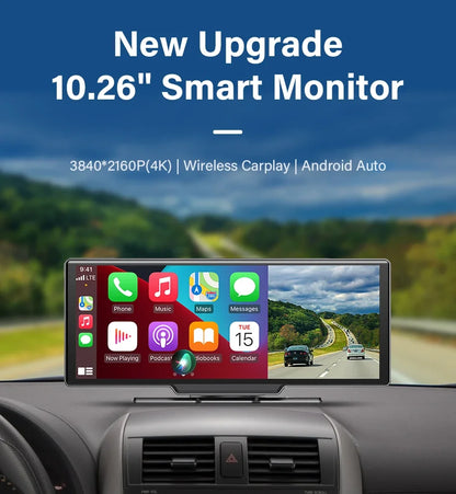 10.26" 4K Dash Cam Car Mirror — Wireless CarPlay Android Auto GPS Multimedia Rearview Camera Dashboard Monitor