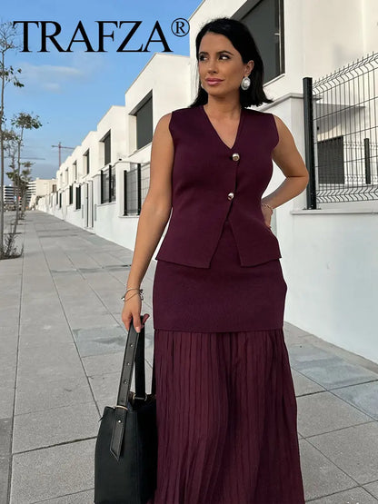 TRAFZA 2025 Women’s Wine Red Skirt Set – Knitted V-Neck Vest with High Waist Zipper Patchwork Long Skirt