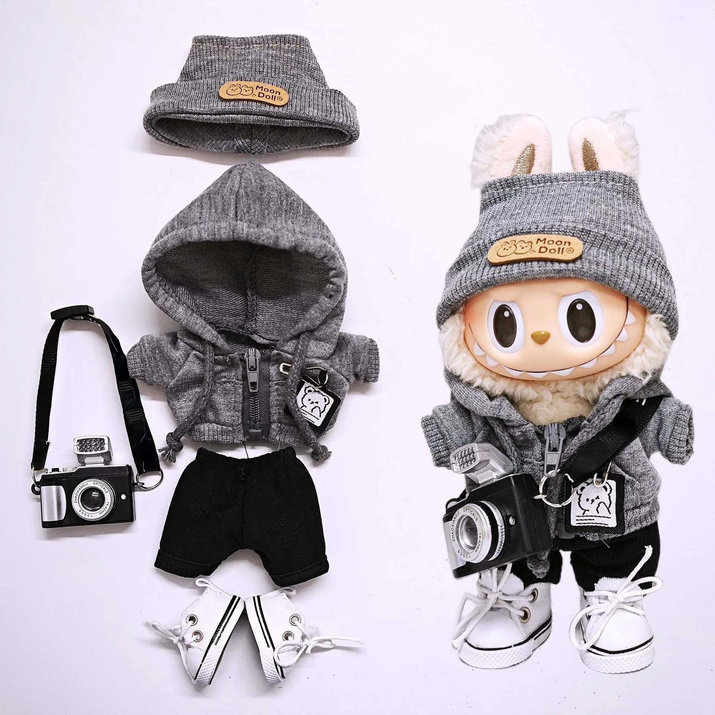 Labubu 15cm/17cm Universal Hoodie Set – Gray Trendy Outfit with Camera, Glasses, Headphones & Canvas Shoes (Series 1-3 Compatible)