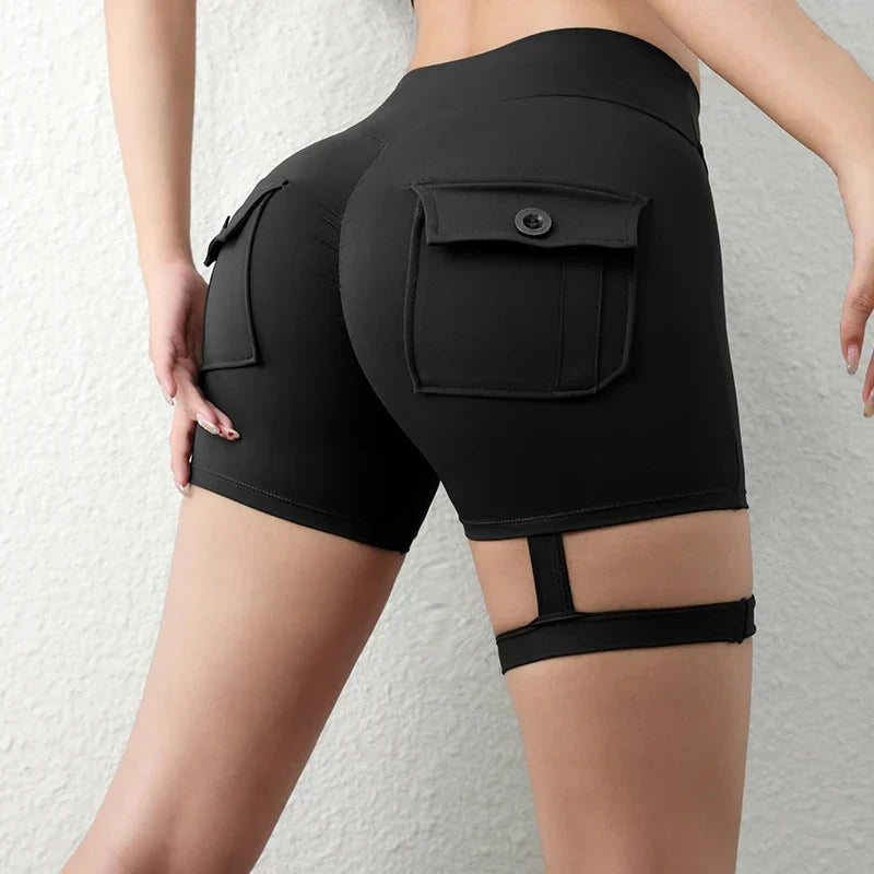Women’s Peach Butt Fitness Shorts – High-Waisted Lift Yoga Capri Pants with Cargo Pockets, Quick-Dry Summer Workout Leggings