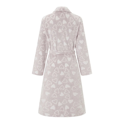 Women's Plush Flannel Bathrobe - Heart Print Fuzzy Long Sleeve Robe with Belt