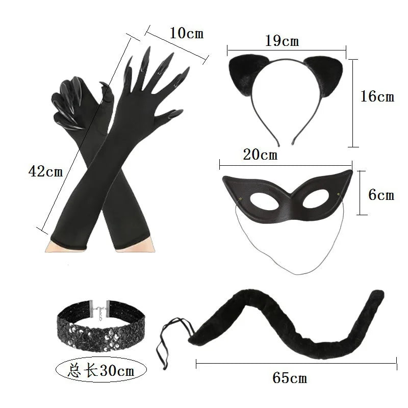 Cat Girl Halloween Cosplay Costume Set - Women's Cat Mask, Tail & Gloves for Carnival Parties
