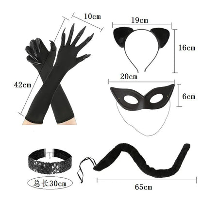 Cat Girl Halloween Cosplay Costume Set - Women's Cat Mask, Tail & Gloves for Carnival Parties