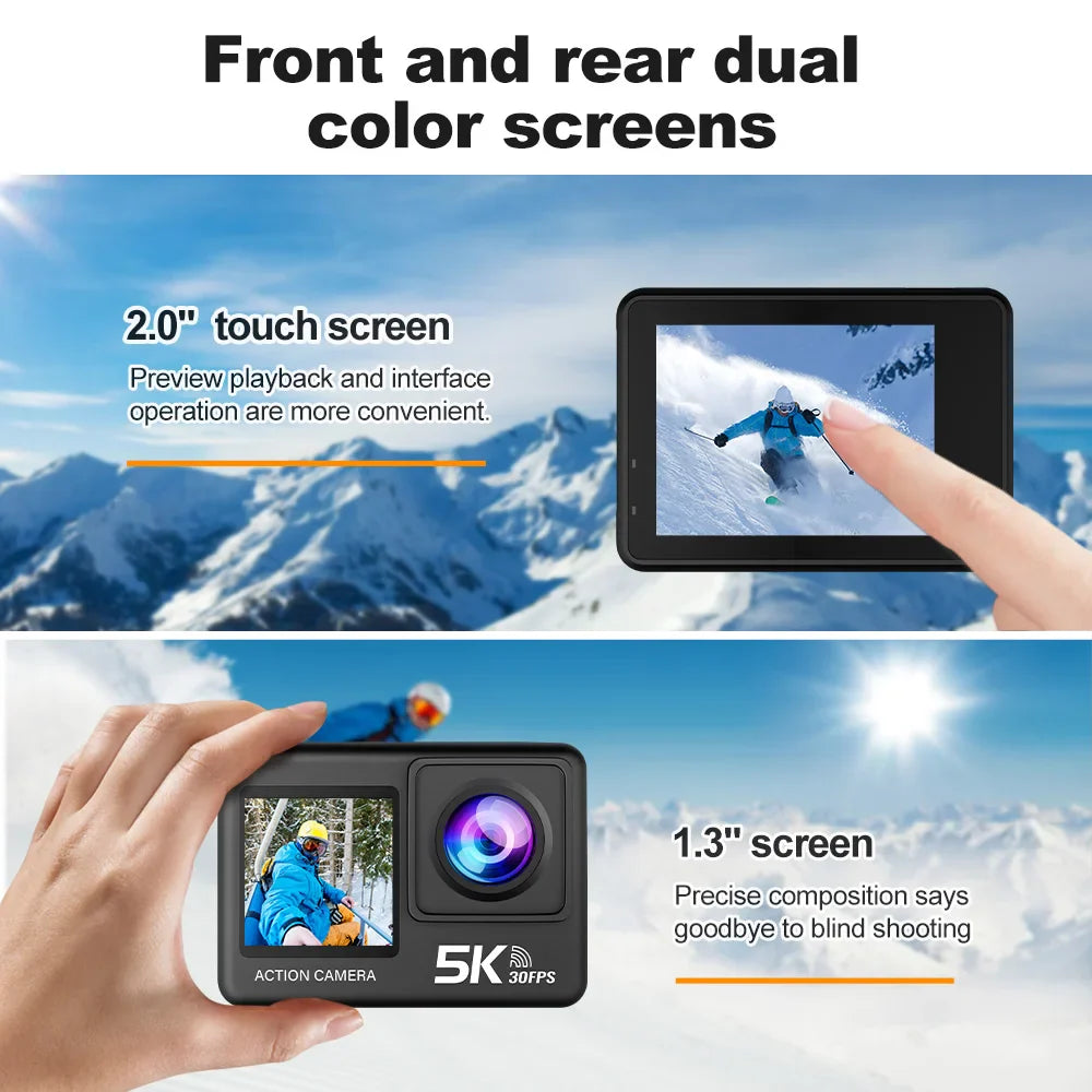 5K Action Camera – 4K60FPS, EIS, Dual Screen, 170° Wide Angle, 30M Waterproof Sport Camera with Remote Control