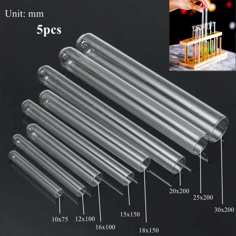 5-Piece Borosilicate Glass Test Tubes — Transparent U-Shaped Bottom, 10mm–30mm, Laboratory & School Educational Supplies
