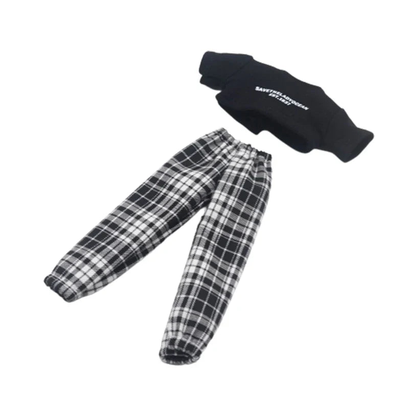 Blythe Doll Clothes – Fashion Tops, Black & White Shirts with Jeans & Plaid Pants for Azone OB22/OB24 Dolls