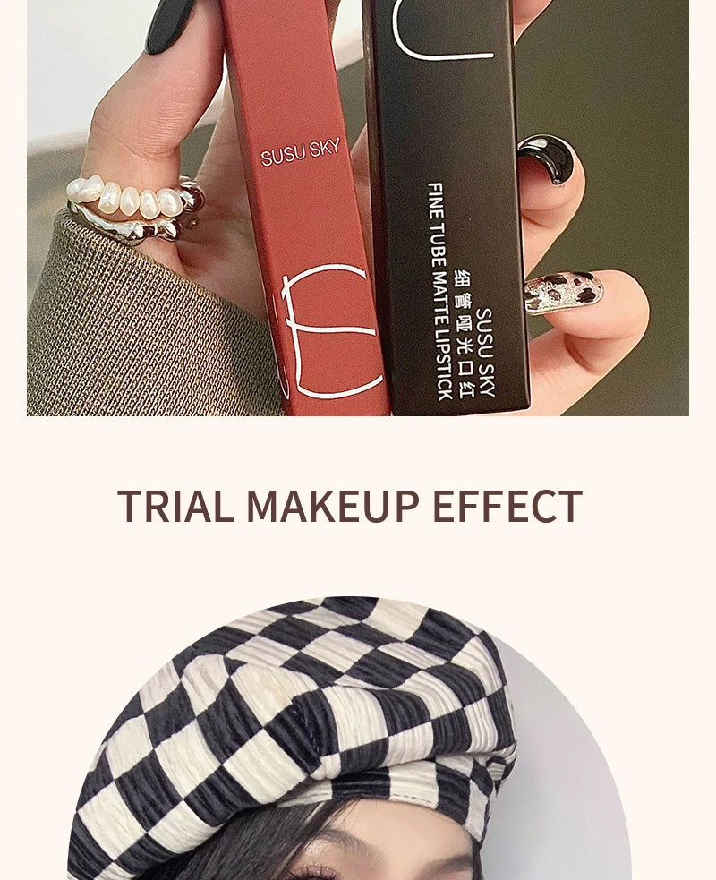 TX010 Thin Tube Matte Lipstick – Waterproof, Sweatproof, Long-Lasting Lip & Cheek Makeup