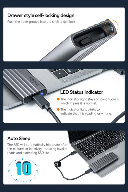 UnionSine 20Gbps M.2 PCIe SSD Case – Dual Protocol M.2 to USB Type-C 3.1 Adapter for NVMe, NGFF, and SATA SSD