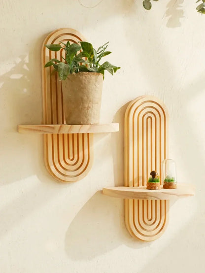 Wooden Wall-Mounted Shelves – Boho Style Rack for Living Room & Bathroom Home Decor