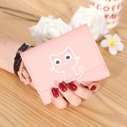 Women’s Cute Cat PU Leather Wallet — Small Short Card Holder Purse with Hasp, Fashion Money Bag for Girls & Gifts