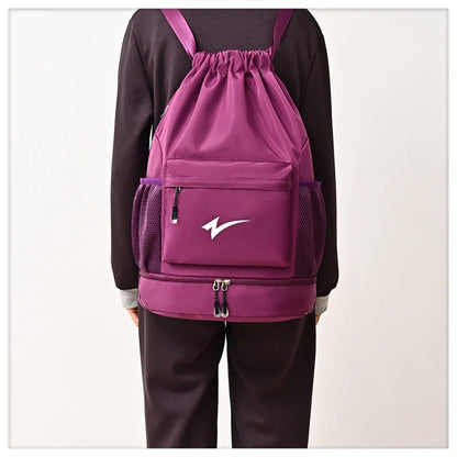 Drawstring Fitness Bag — Lightweight Multi-Pocket Gym Backpack with Separate Shoe Compartment, Foldable Outdoor Training Bag