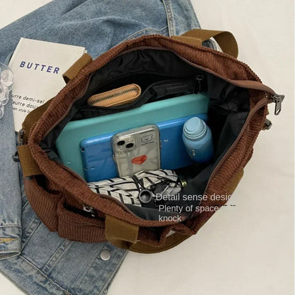 Corduroy Messenger Bag - Large Capacity Multi-Layer Shoulder Tote for Commuting & Camping