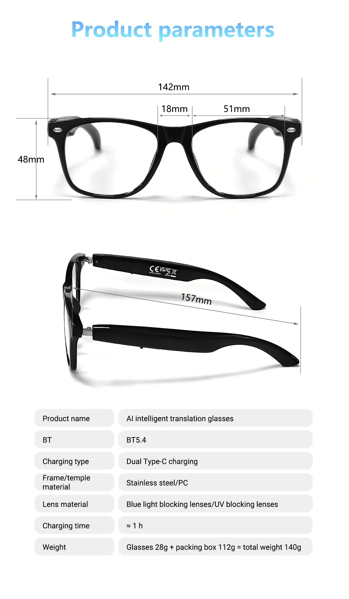 Smart Glasses with AI Translation – Supports 100+ Languages, Bluetooth TWS, Calls, Music, Noise Reduction & Light Control for Men & Women