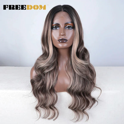FREEDOM 26-Inch Synthetic Lace Front Wig for Women — Honey Brown Body Wave with Ombre Blonde Highlights, Cosplay & Fashion Wig