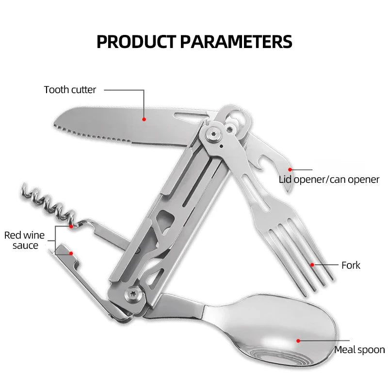 Multifunctional Portable Stainless Steel Tableware - All-in-One Knife Card Tool with Rope and Saw for Outdoor Camping Survival