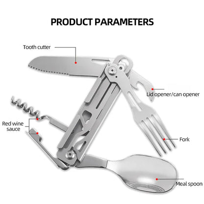 Multifunctional Portable Stainless Steel Tableware - All-in-One Knife Card Tool with Rope and Saw for Outdoor Camping Survival