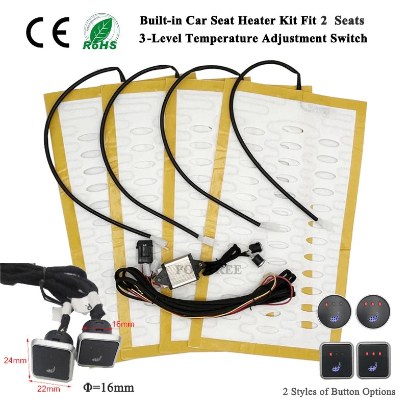 Stay Warm on the Go: Universal Built-In Car Seat Heater Kit - Fits 2 Seats with 12V Alloy Wire Heating Pads - 3 Levels Dual Control Heated Switch System