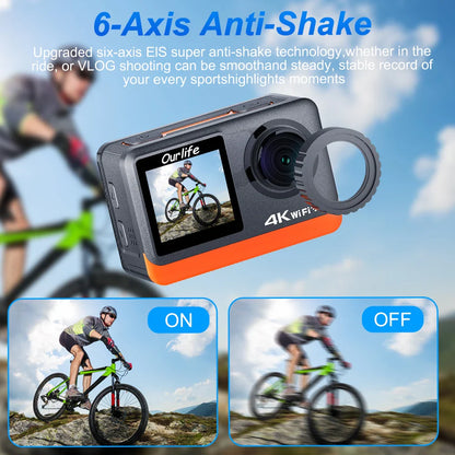 Ourlife 4K 60FPS Action Camera – 24MP WiFi Sports Camera with 2.0” Touch IPS Screen, 170° Wide Angle, EIS Stabilization, 30M Waterproof Case & 4X Zoom for Helmet & Outdoor Recording