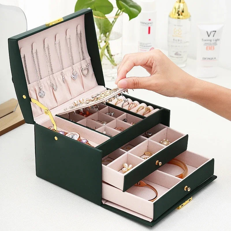 Multi-Functional Three-Layer Leather Jewelry Box – Drawer Style Organizer with Lock for Earrings