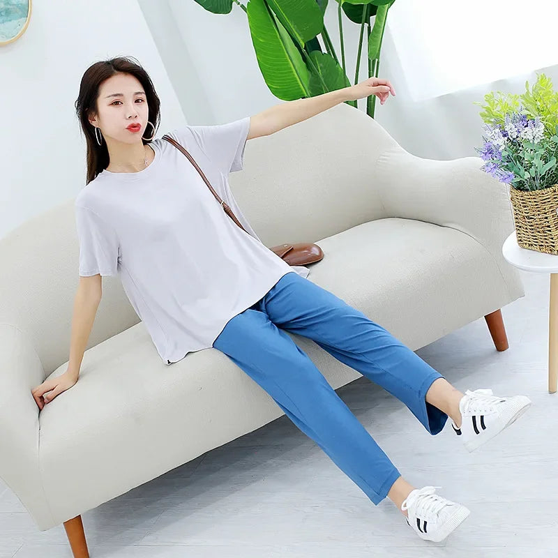 Women's Summer Modal Pajamas Set – Lightweight Short Sleeve Top and Loose Trousers Two-Piece Homewear