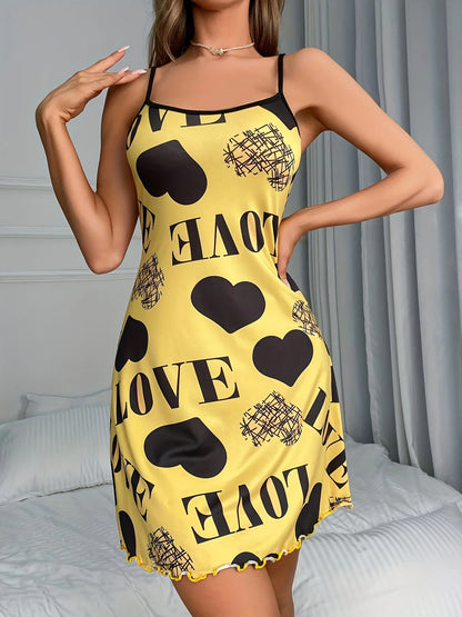 Women’s Heart LOVE Nightgown - Soft Breathable Summer Camisole Backless Ruffle Sleep Dress