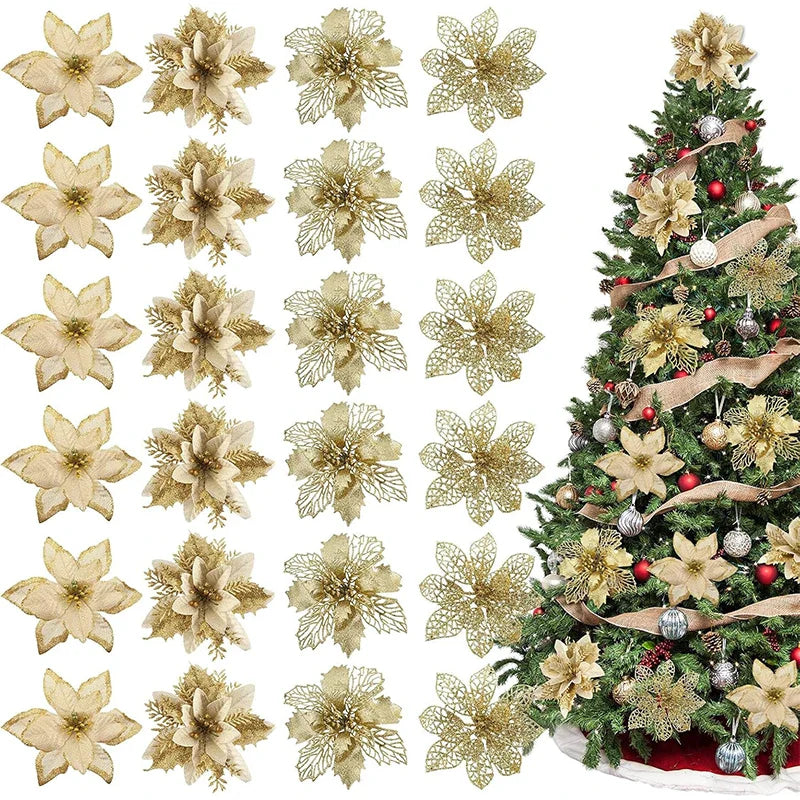 8/16PCS Christmas Decoration Set – Glitter Artificial Flowers for Tree, Home Decor, Xmas Ornaments, and New Year Decoration