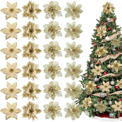 8/16PCS Christmas Decoration Set – Glitter Artificial Flowers for Tree, Home Decor, Xmas Ornaments, and New Year Decoration